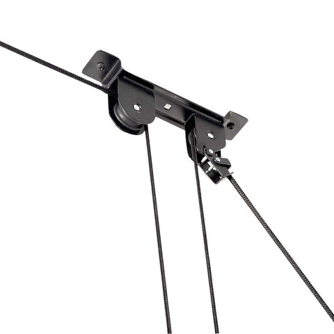 Wallmaster ceiling bike mount hoist demonstrates height adjustment for tall ceilings.