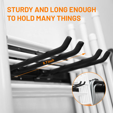 Wallmaster heavy-duty steel rails for durable garage organization.