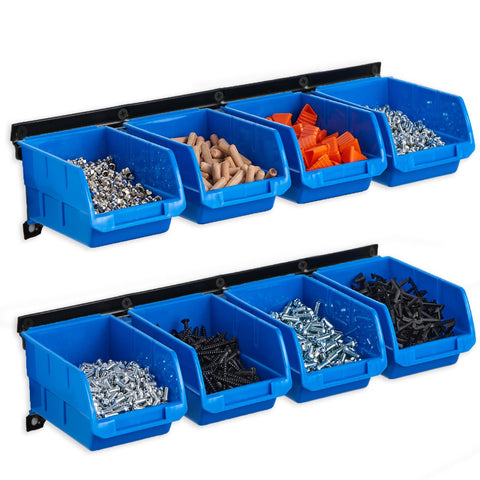 Wallmaster orange tool organizers on wall-mount system saves workshop space.