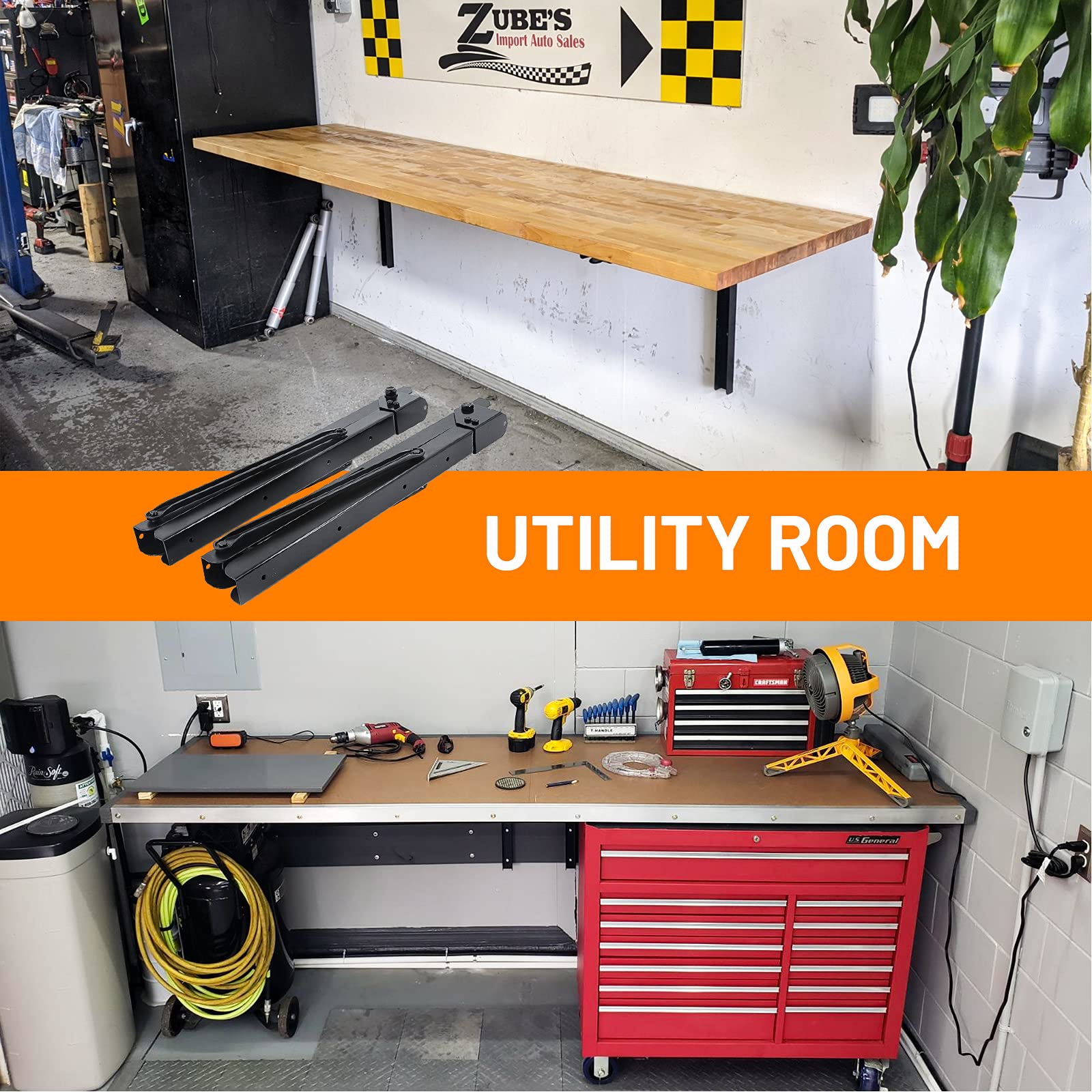 Wallmaster wall-mount folding shelf bracket in a garage setup for heavy storage.