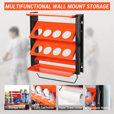 Wallmaster wall mount storage rack with shelves for tools and supplies.