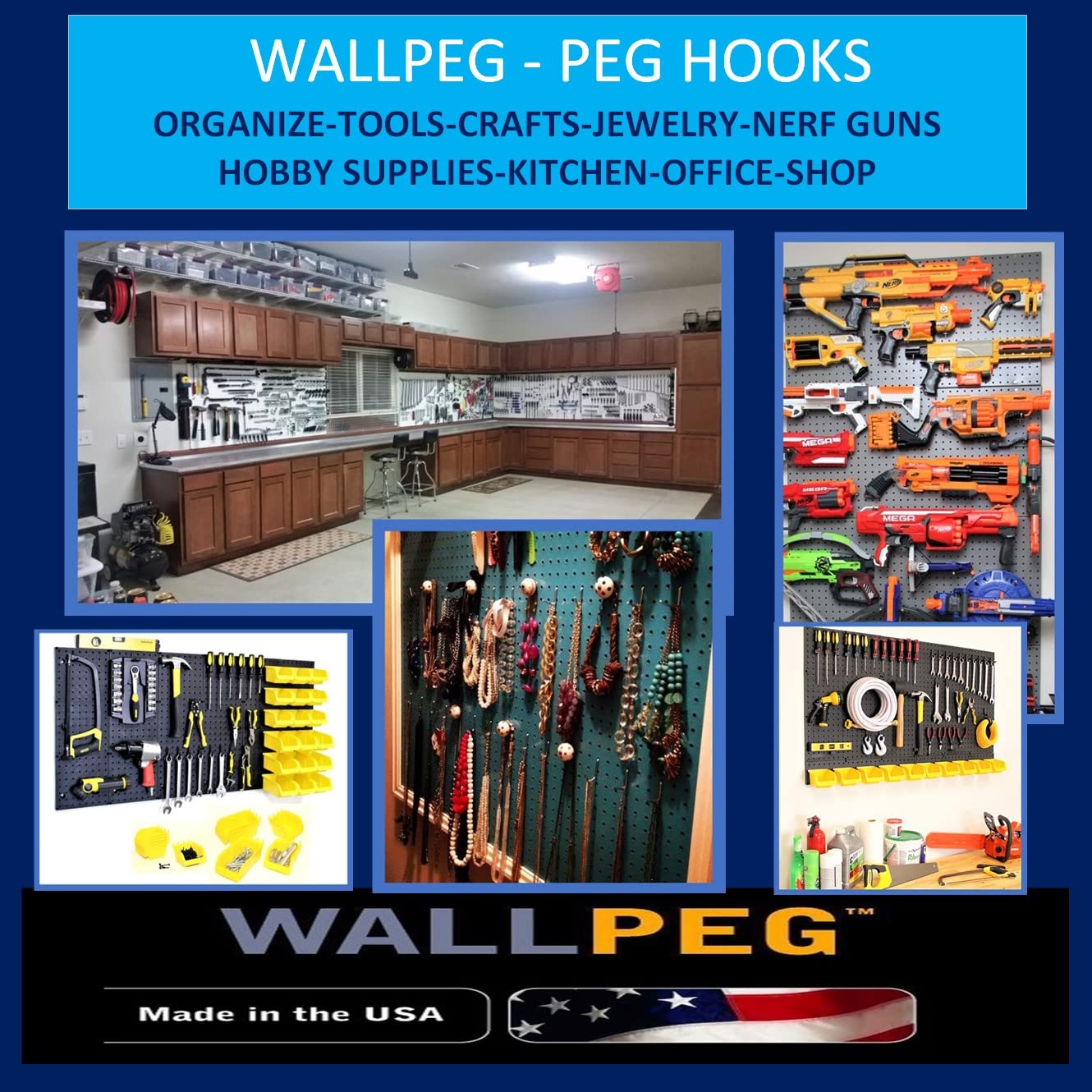 WallPeg 64x24 mounted wall organizer creating ample hanging space.