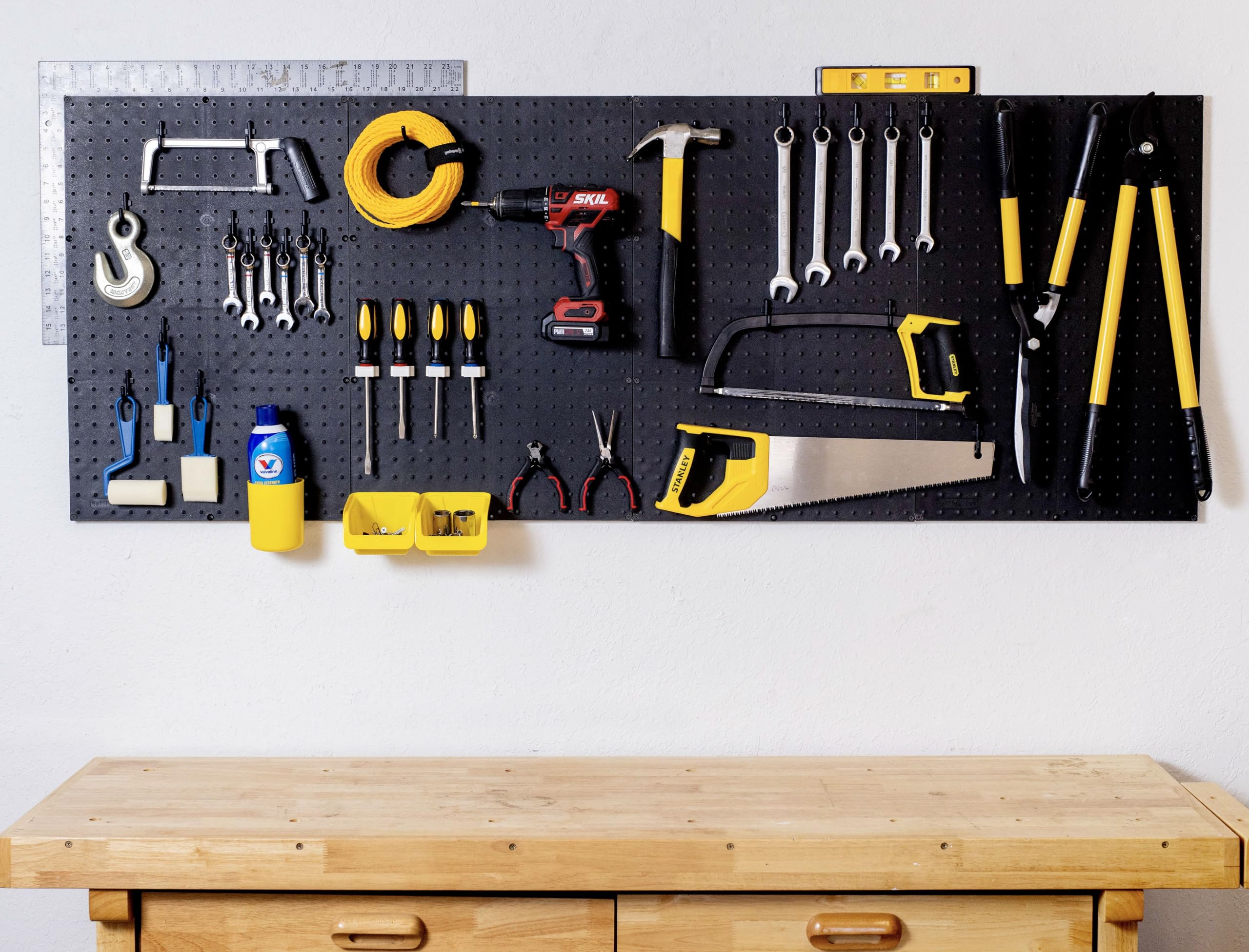WallPeg made-in-USA copolymer panels resist rust and wear for durable storage.