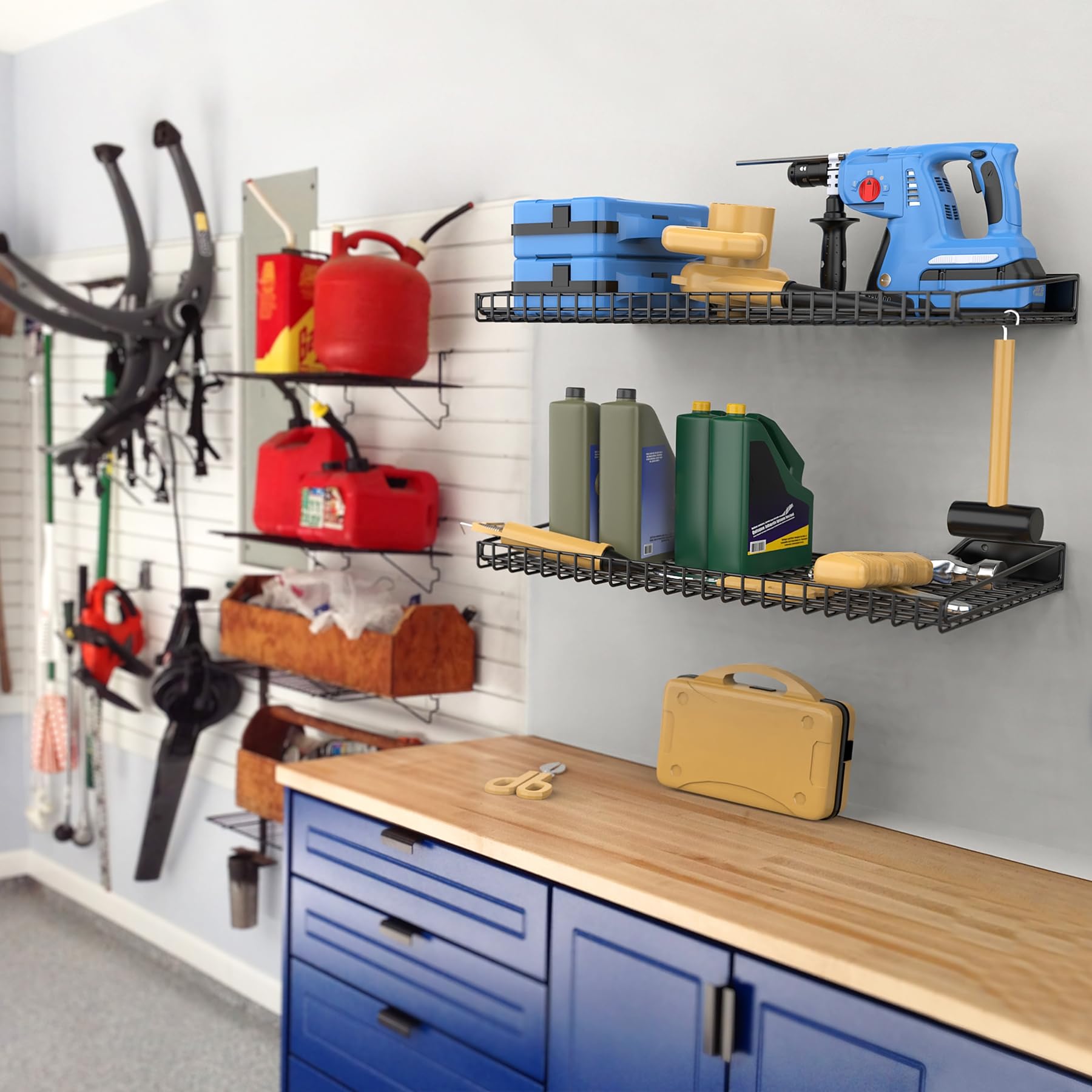 WALMANN wall shelf side view mounted to studs for secure storage.