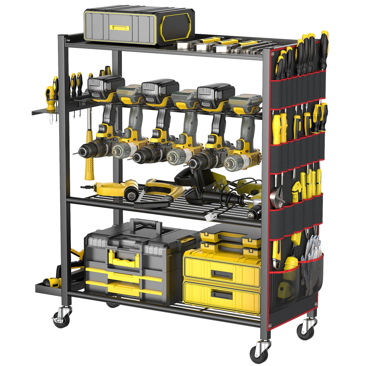 WALMANN 4-tier rolling tool cart for organized drill storage and mobility.