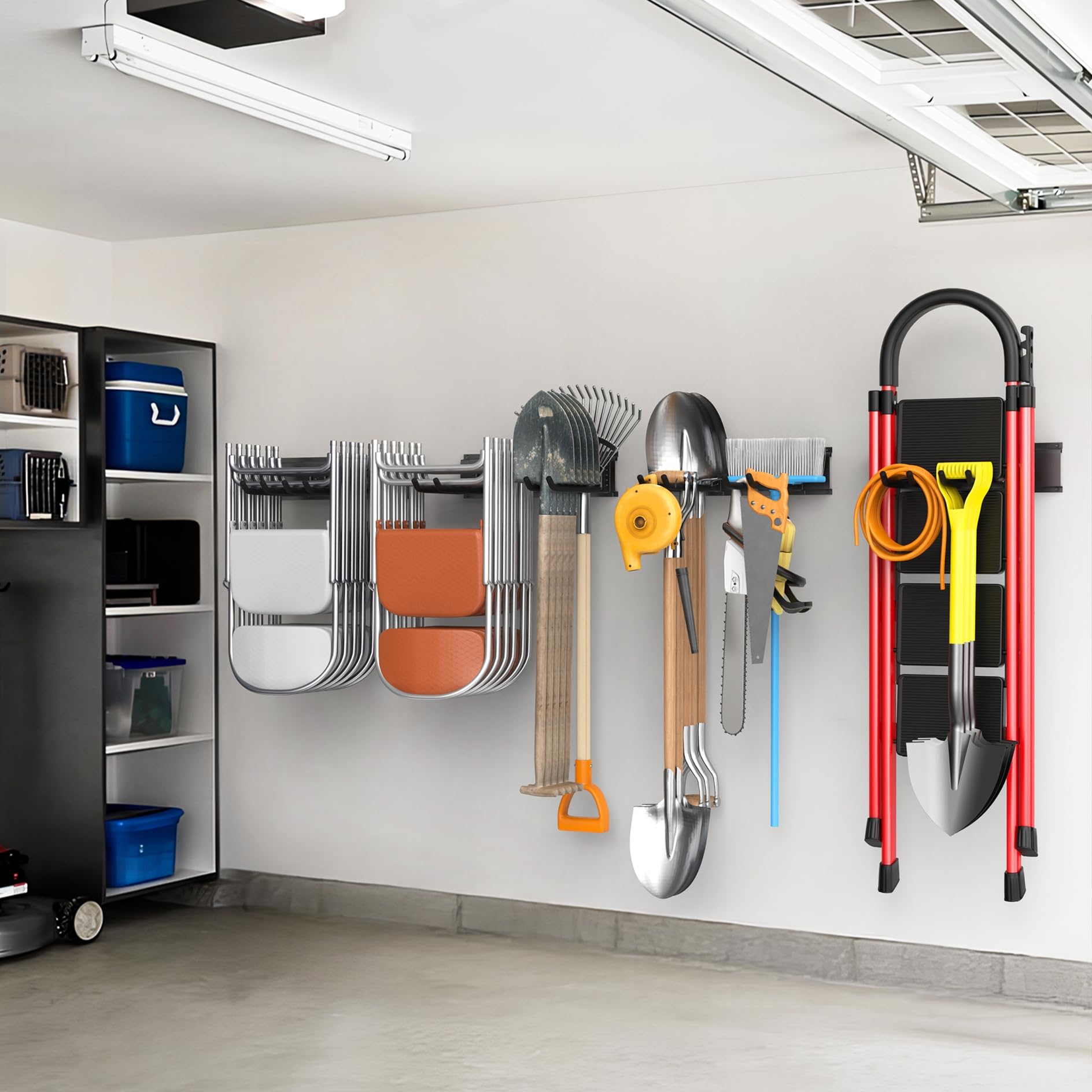 WALMANN 8-hook system image illustrating extended storage for shovels and rakes.