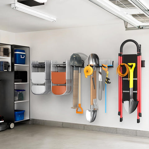 WALMANN 8-hook system image illustrating extended storage for shovels and rakes.