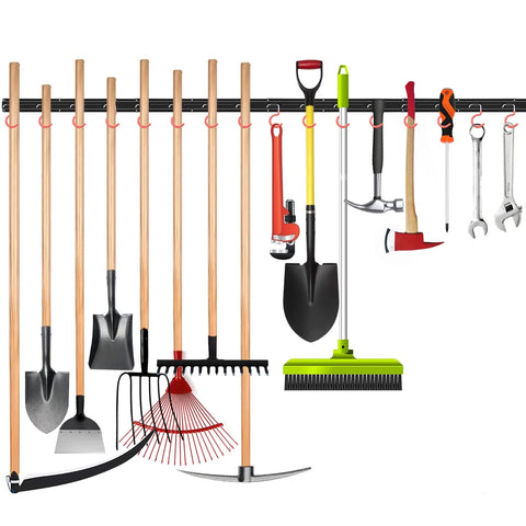 WALMANN all-metal wall mount garden tool organizer—front view with rails and hooks for tidy garage storage.