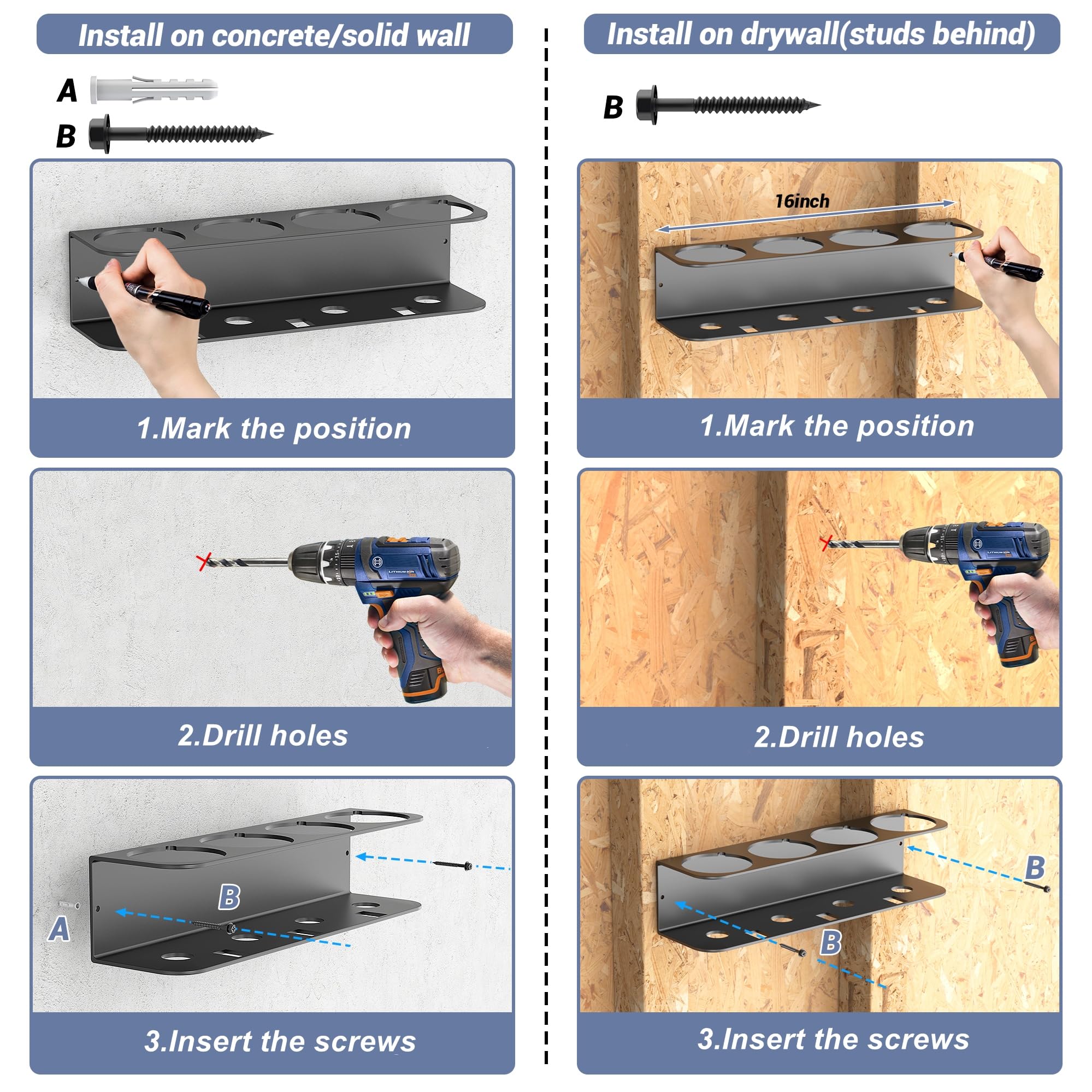 Included hardware enables quick WALMANN installation on 16-inch studs.