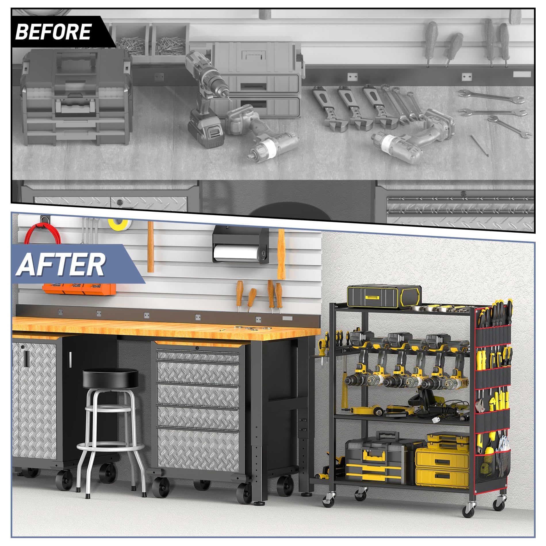 WALMANN floor-standing-cordless-tool-rack ideal for garages and workshops.