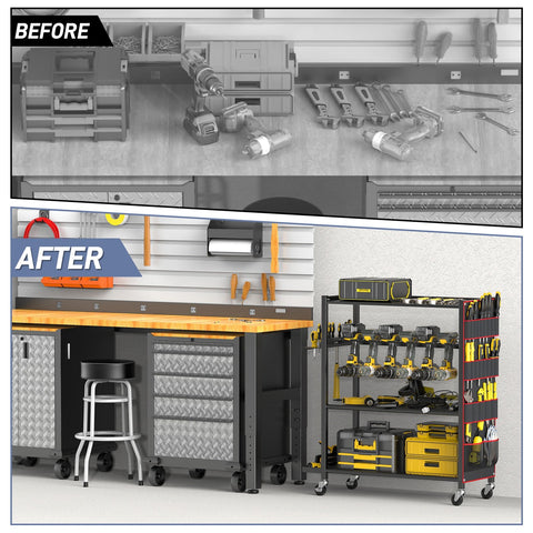 WALMANN floor-standing-cordless-tool-rack ideal for garages and workshops.
