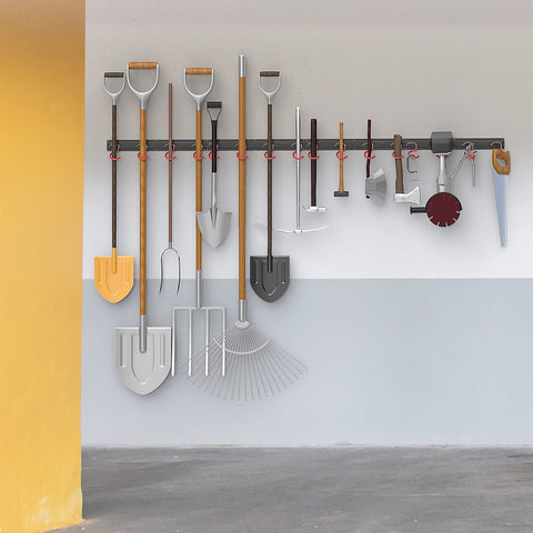 WALMANN garage organization solution shown in a busy workshop corner.