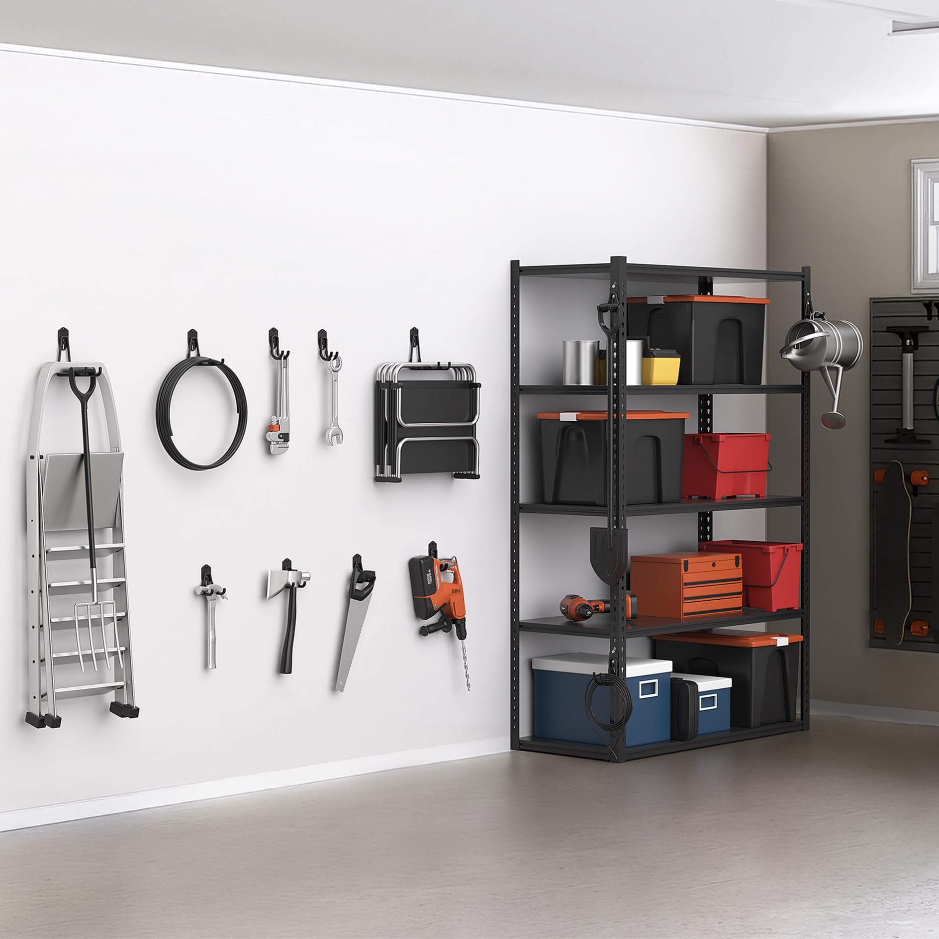 WALMANN keyhole-compatible hooks on shelving for tidy space