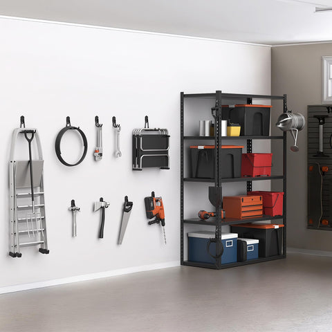 WALMANN keyhole-compatible hooks on shelving for tidy space