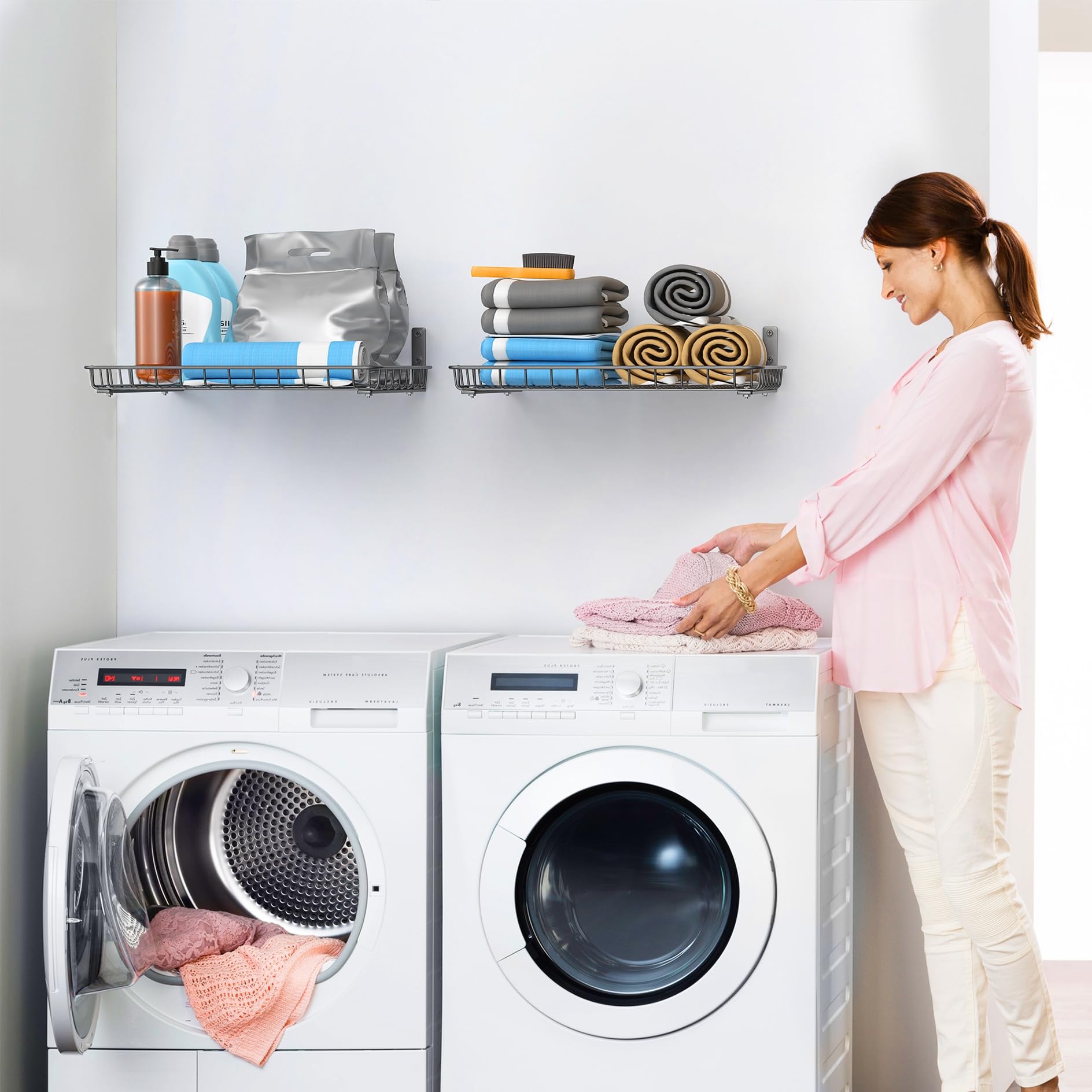 WALMANN shelves hold up to 60 lbs per shelf when properly mounted.