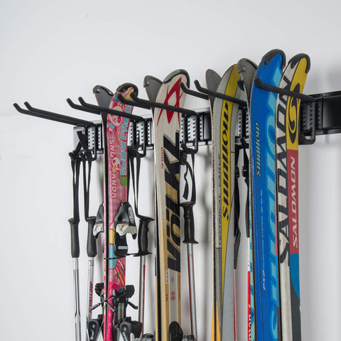 WALMANN Ski Wall Rack adjustable spacing adapts to varying ski and pole setups.