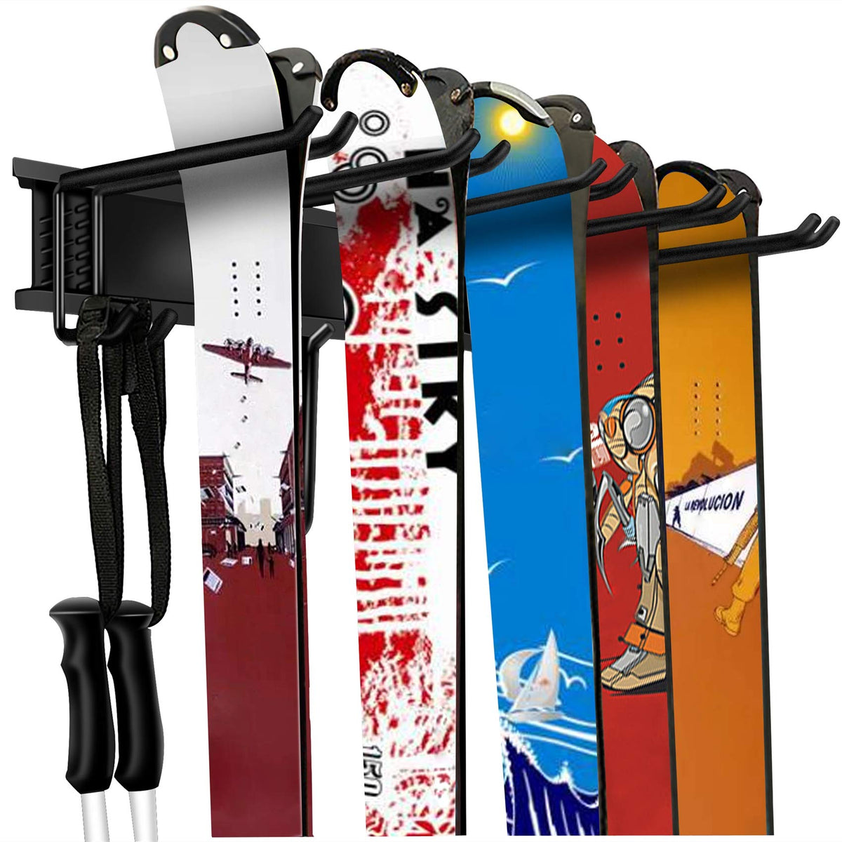 WALMANN Ski Wall Rack mounted with skis for tidy garage storage and easy access.