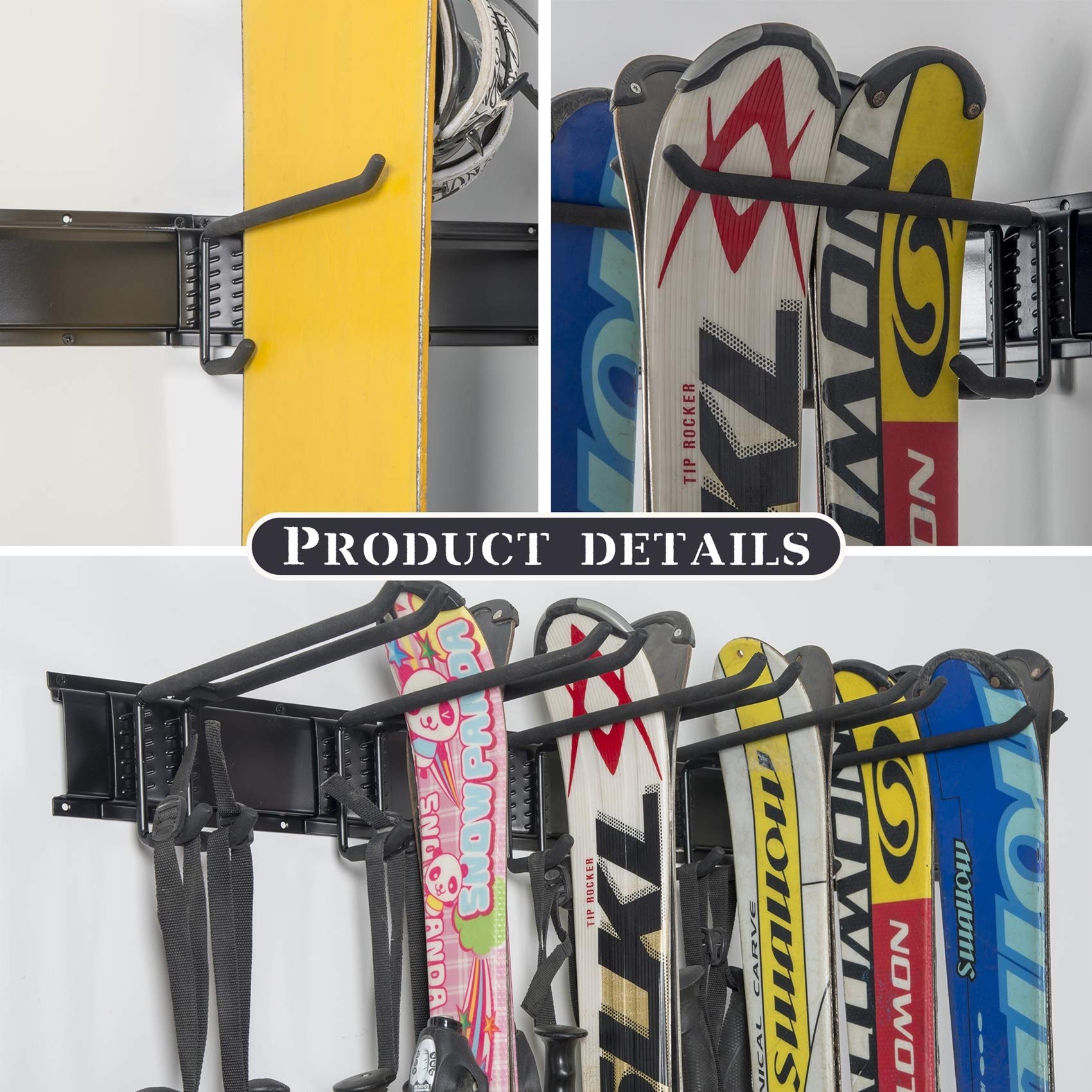 WALMANN Ski Wall Rack rubber-coated hooks prevent rust and chipping over winter seasons.