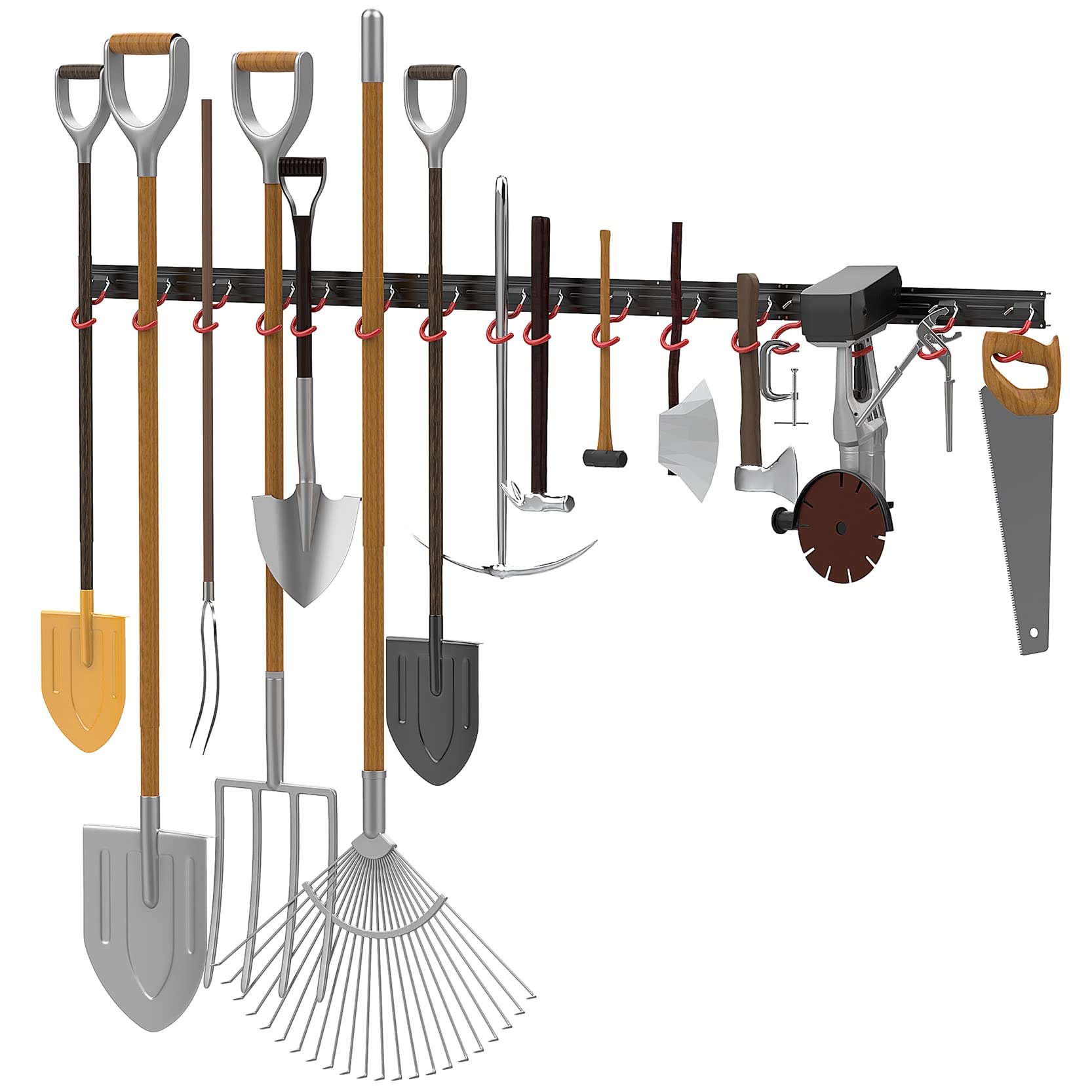WALMANN wall-mounted garden tool organizer—side view showing four rails and modular layout.