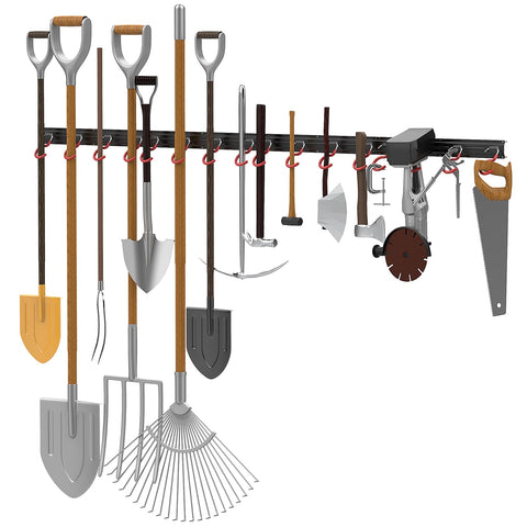 WALMANN wall-mounted garden tool organizer—side view showing four rails and modular layout.