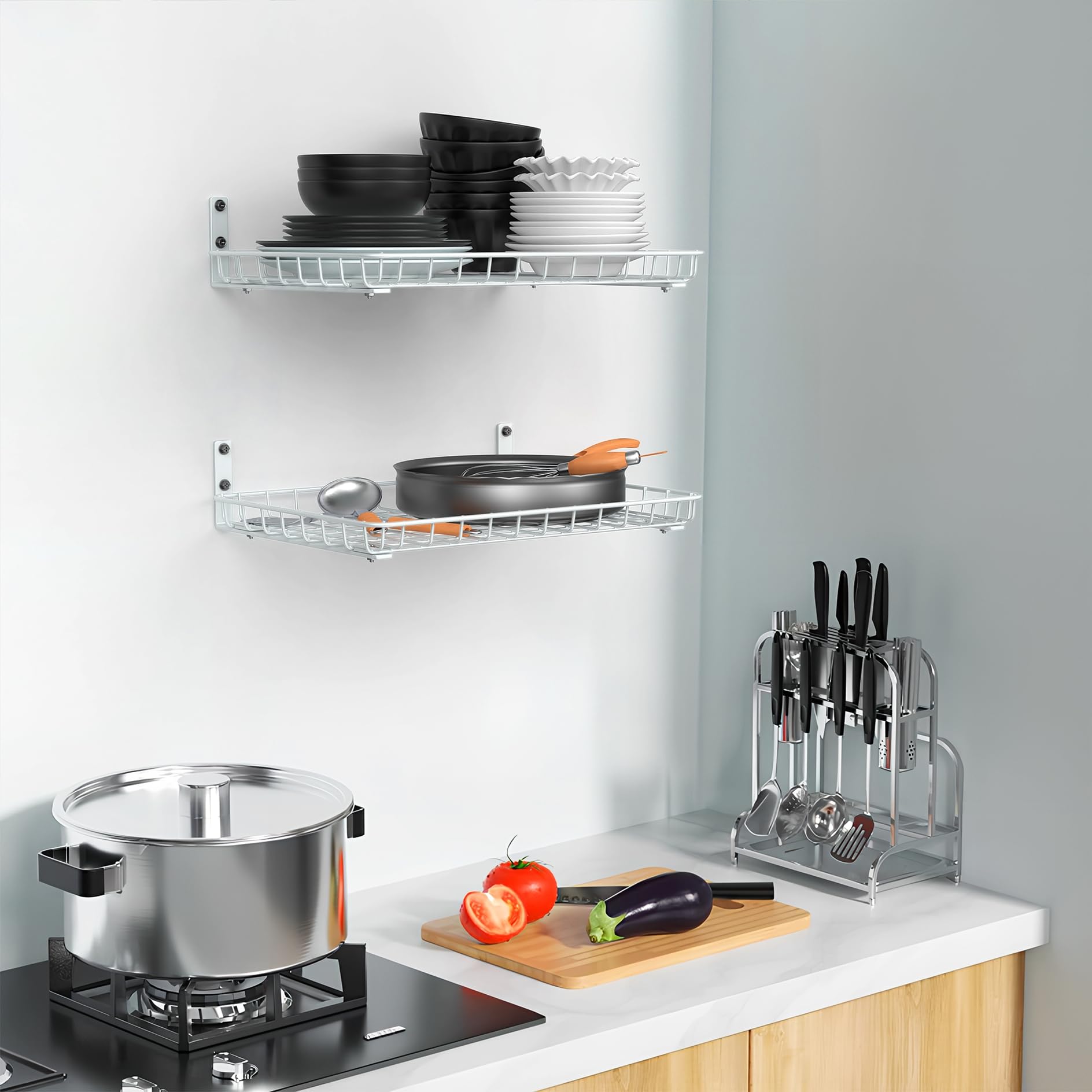 Garage setup showing clutter-free floors with WALMANN wall-mounted shelving