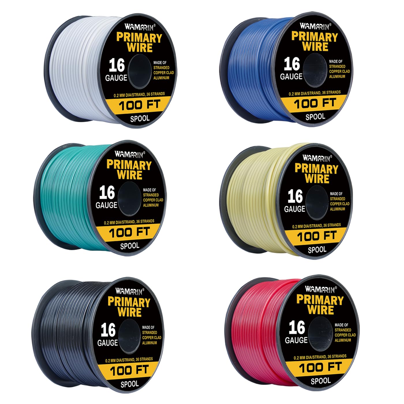 Wamarin 16-gauge wire combo in six colors for easy color coding on projects.