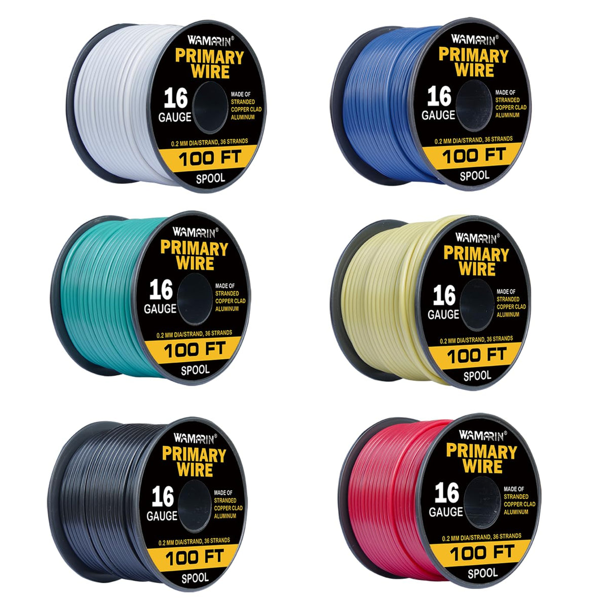 Wamarin 16-gauge wire combo in six colors for easy color coding on projects.