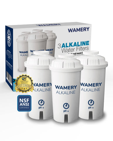 Wamery alkaline pitcher filter 3-pack improves taste and pH for daily hydration.