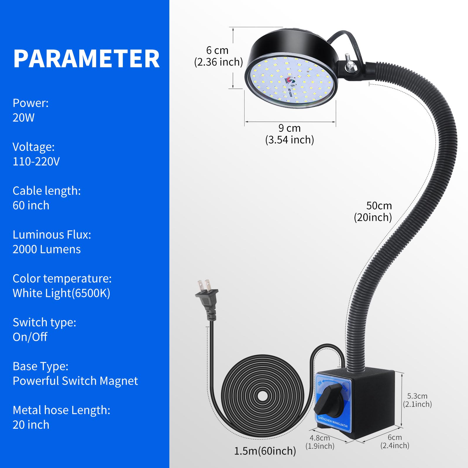 Strong magnetic base keeps the lamp securely on metal surfaces.