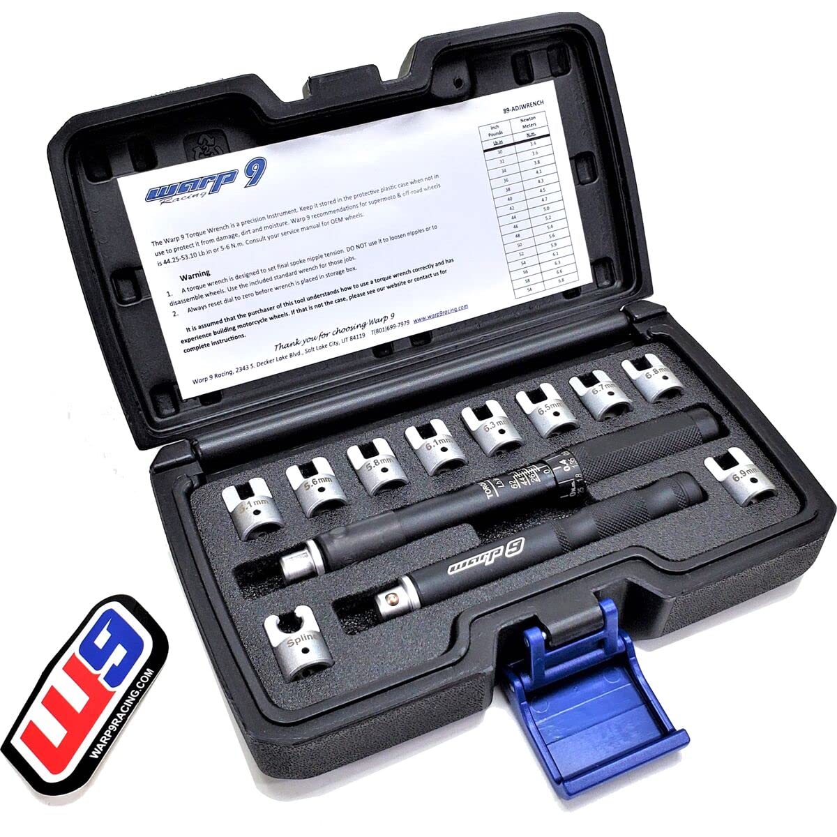 Warp 9 adjustable torque spoke wrench kit with rubber grip for precise wheel tensioning.