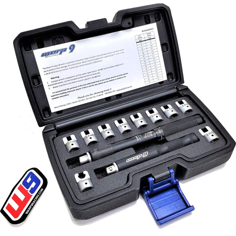 Warp 9 adjustable torque spoke wrench kit with rubber grip for precise wheel tensioning.