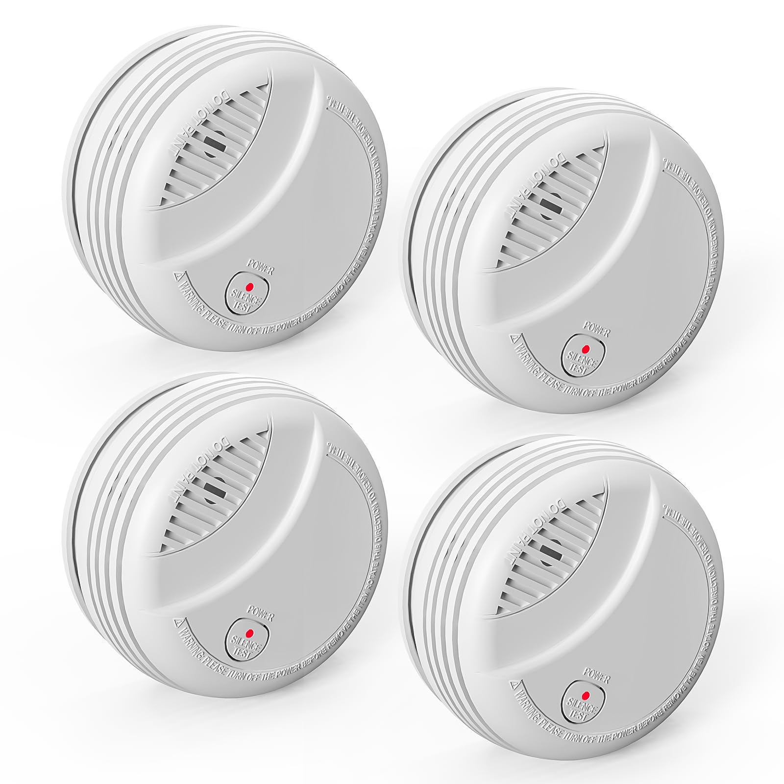 WARROXIDE 4-Pack wireless smoke detectors, front view, enhances home safety with quick alerting.