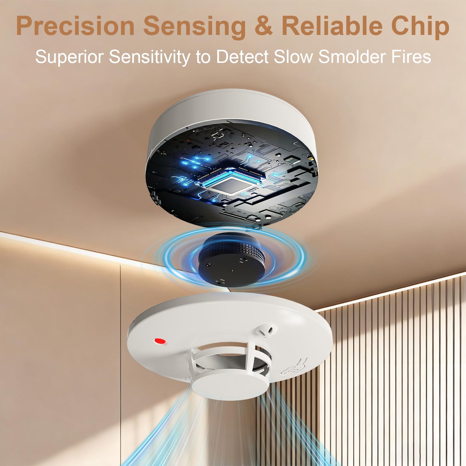 WARROXIDE smoke detector in a living room setup for safe living.