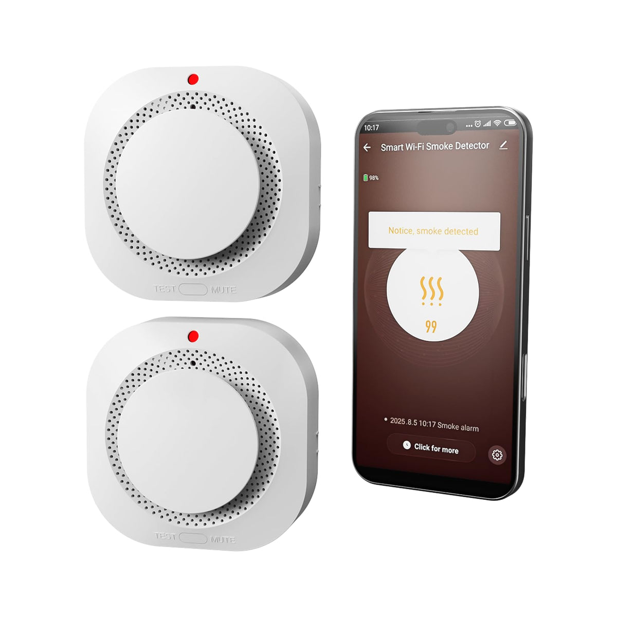 WARROXIDE WiFi smoke detector front view shows compact ceiling-mount design for home safety.