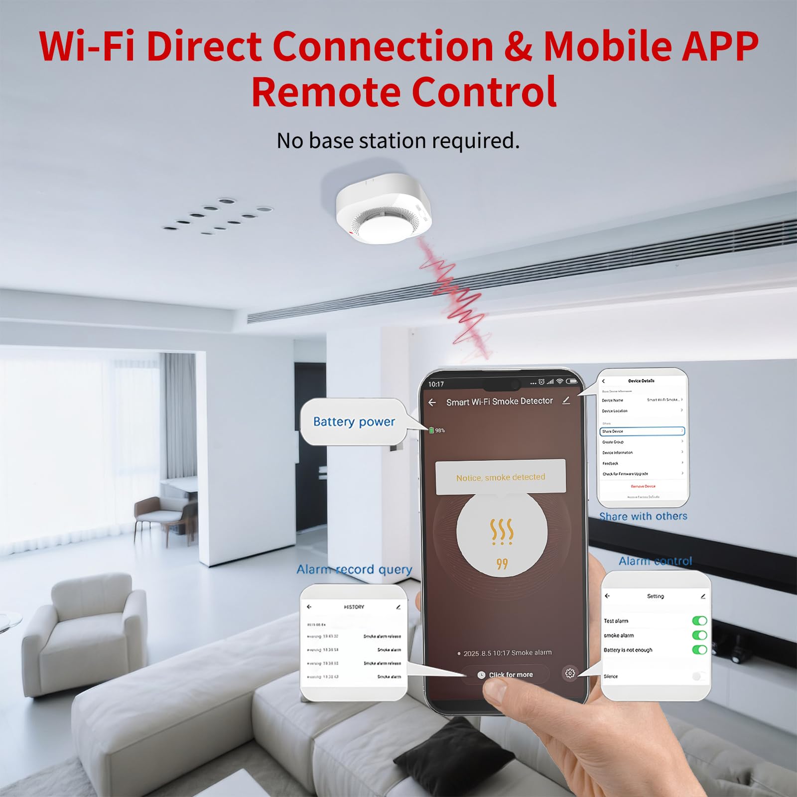 WARROXIDE WiFi smoke detector LED beacon visible for quick visual alerts.