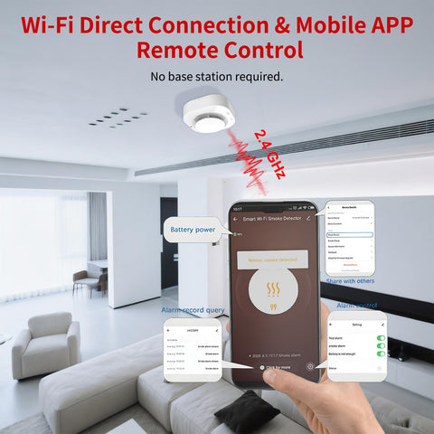 WARROXIDE smart smoke alarm shows 85 dB siren and red LED strobe.