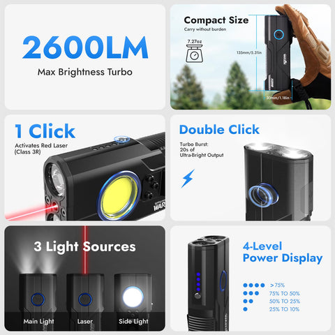 WARSUN X608S beam up to 2600 lumens for bright outdoor visibility