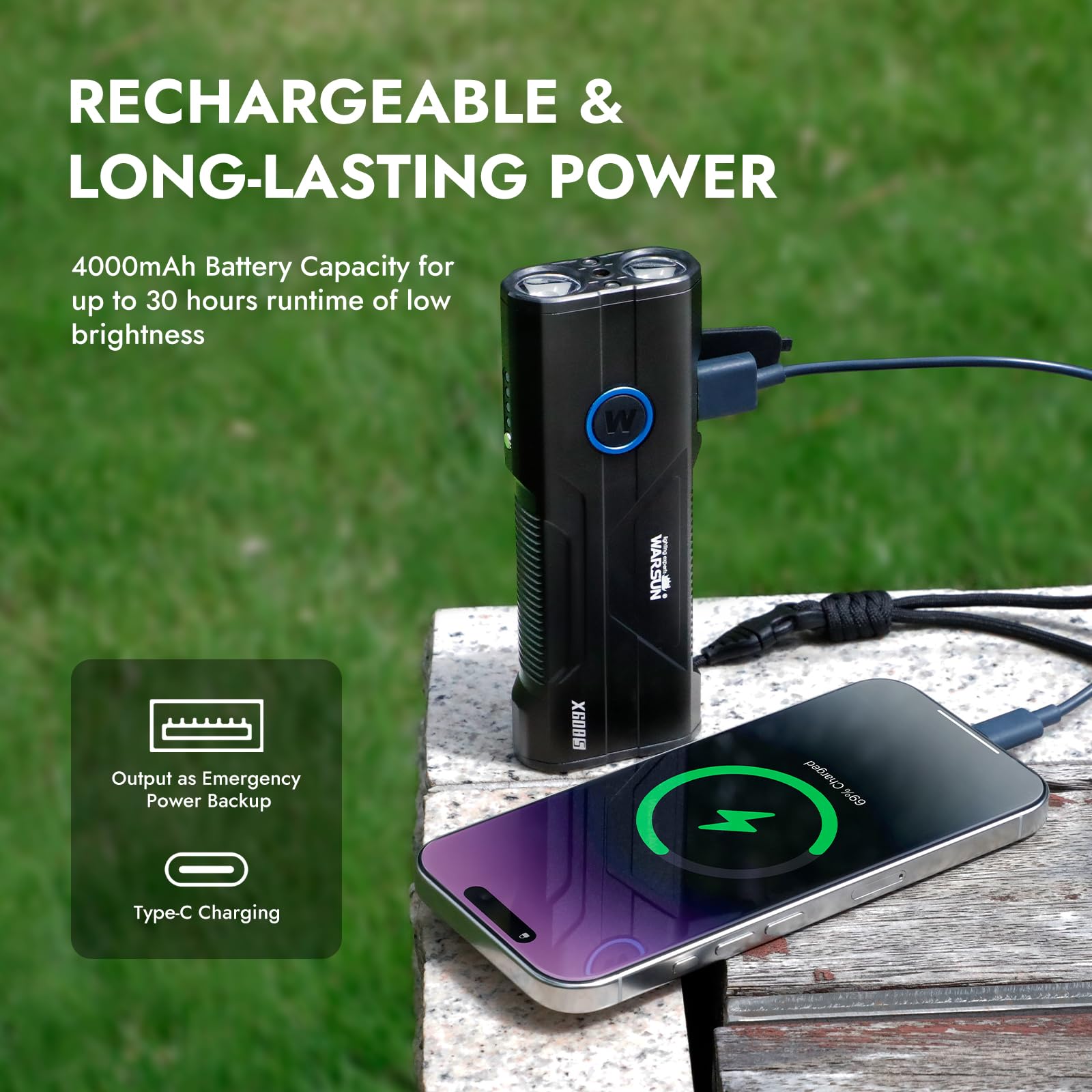 WARSUN X608S side power display shows charge at a glance