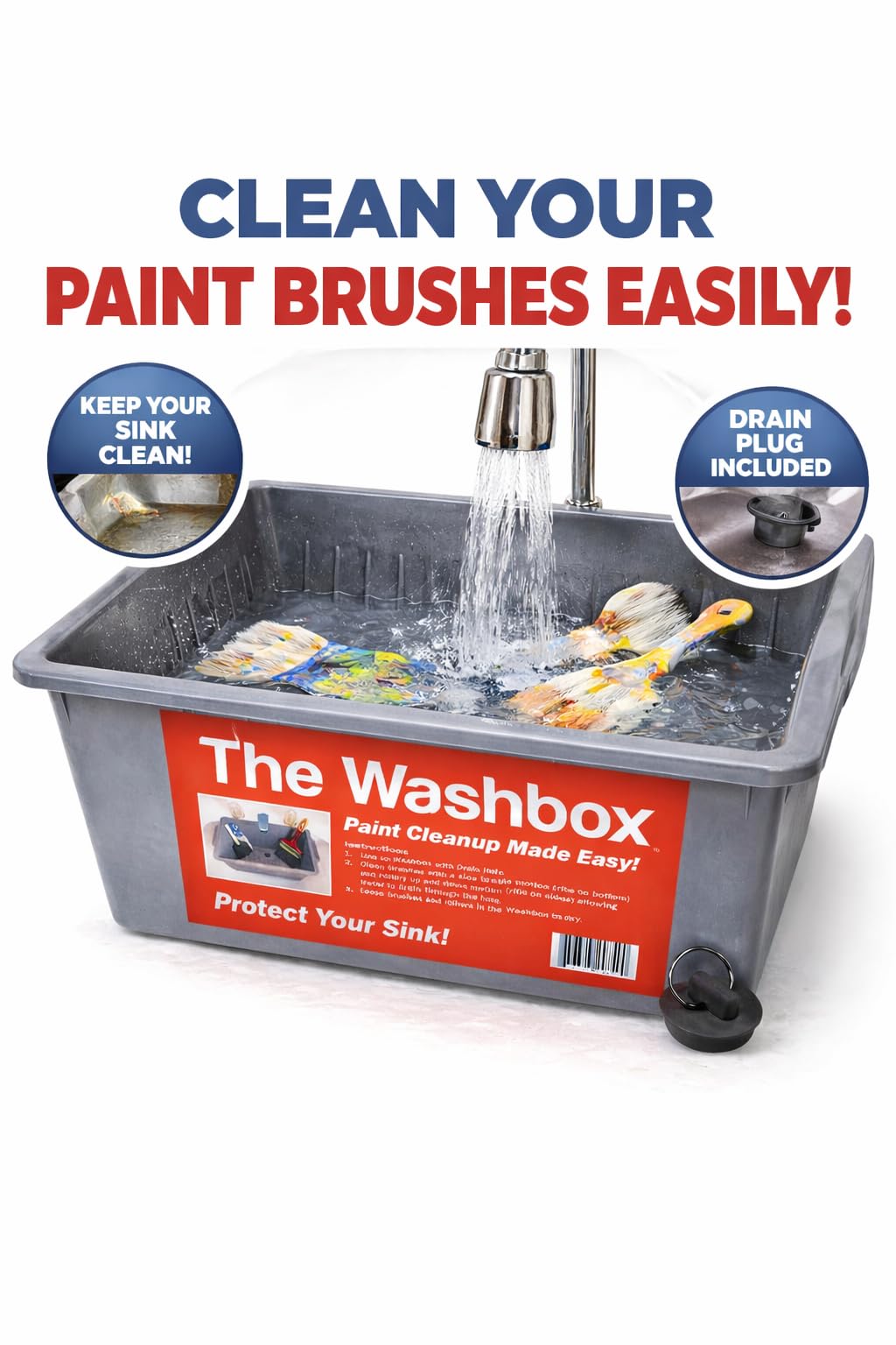 The Washbox shows a patented sink-fit design for compatibility with many sinks.