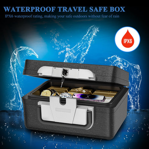 WASJOYE Safe Box exterior dimensions highlight compact footprint for desk or shelf