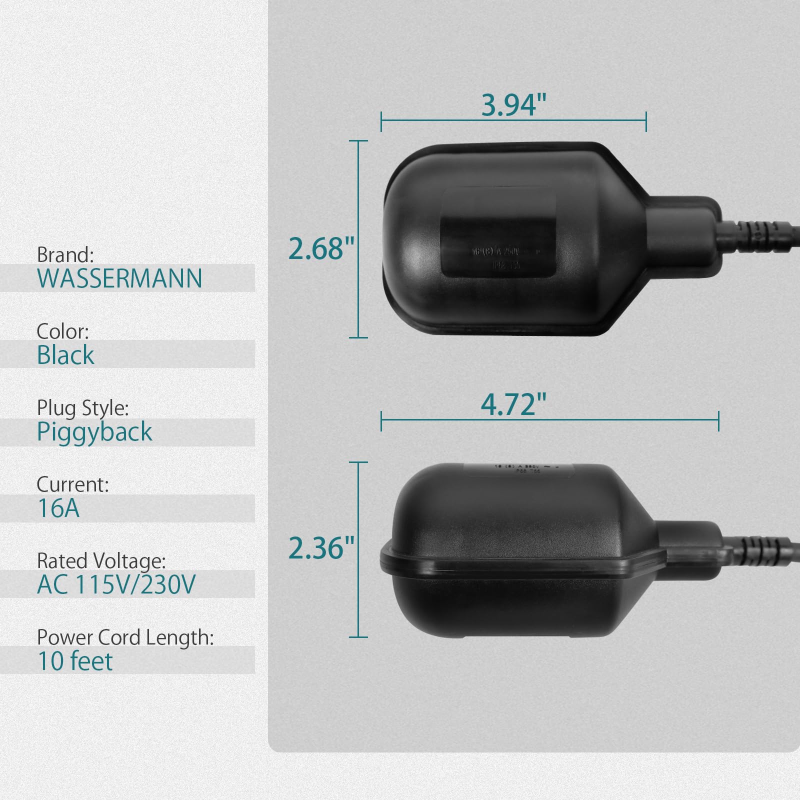 Wassermann float switch piggyback plug assembly enabling easy connection to most sump pumps.