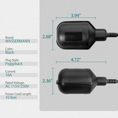 Wassermann float switch piggyback plug assembly enabling easy connection to most sump pumps.