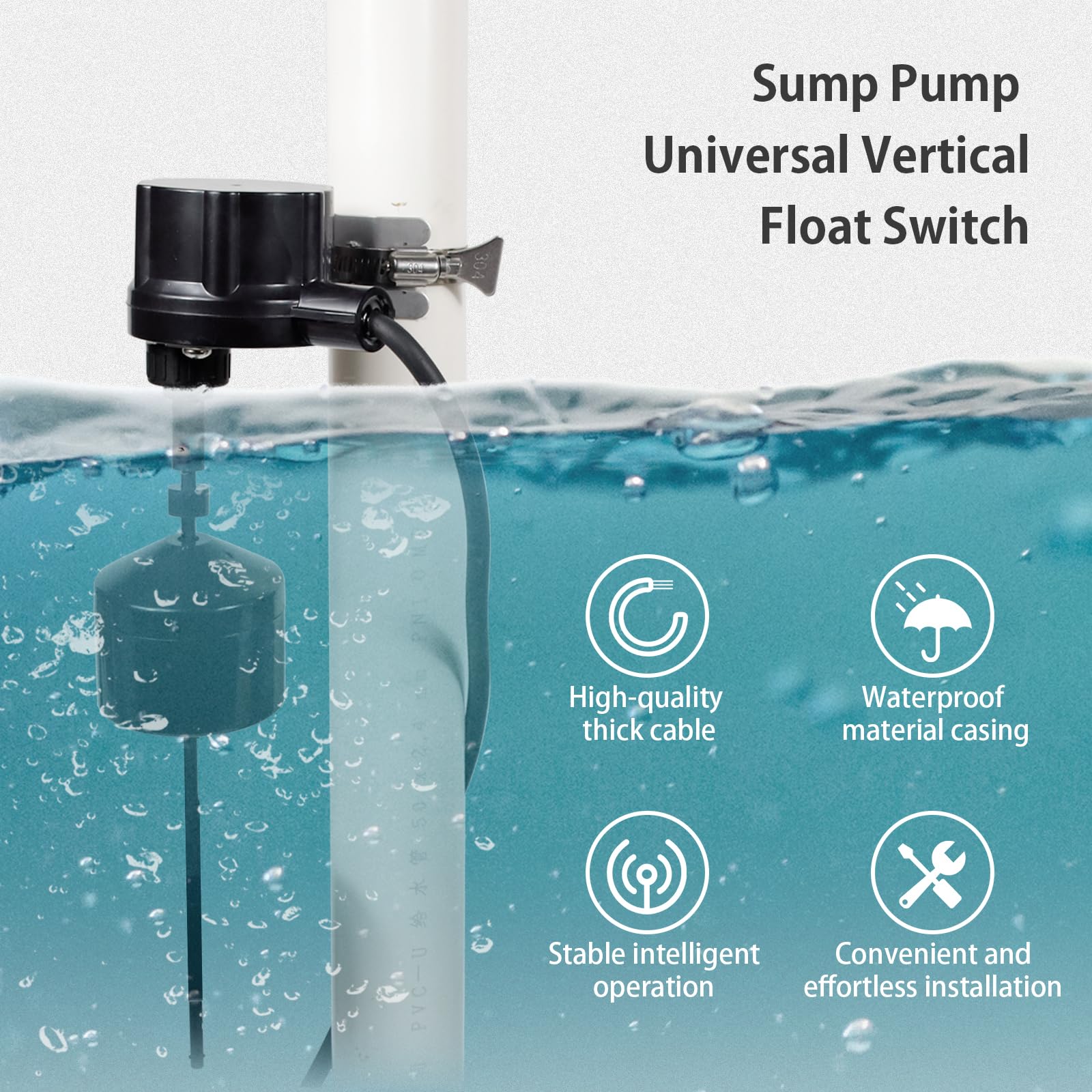 WASSERMANN float switch with waterproof housing for reliable basement operation.