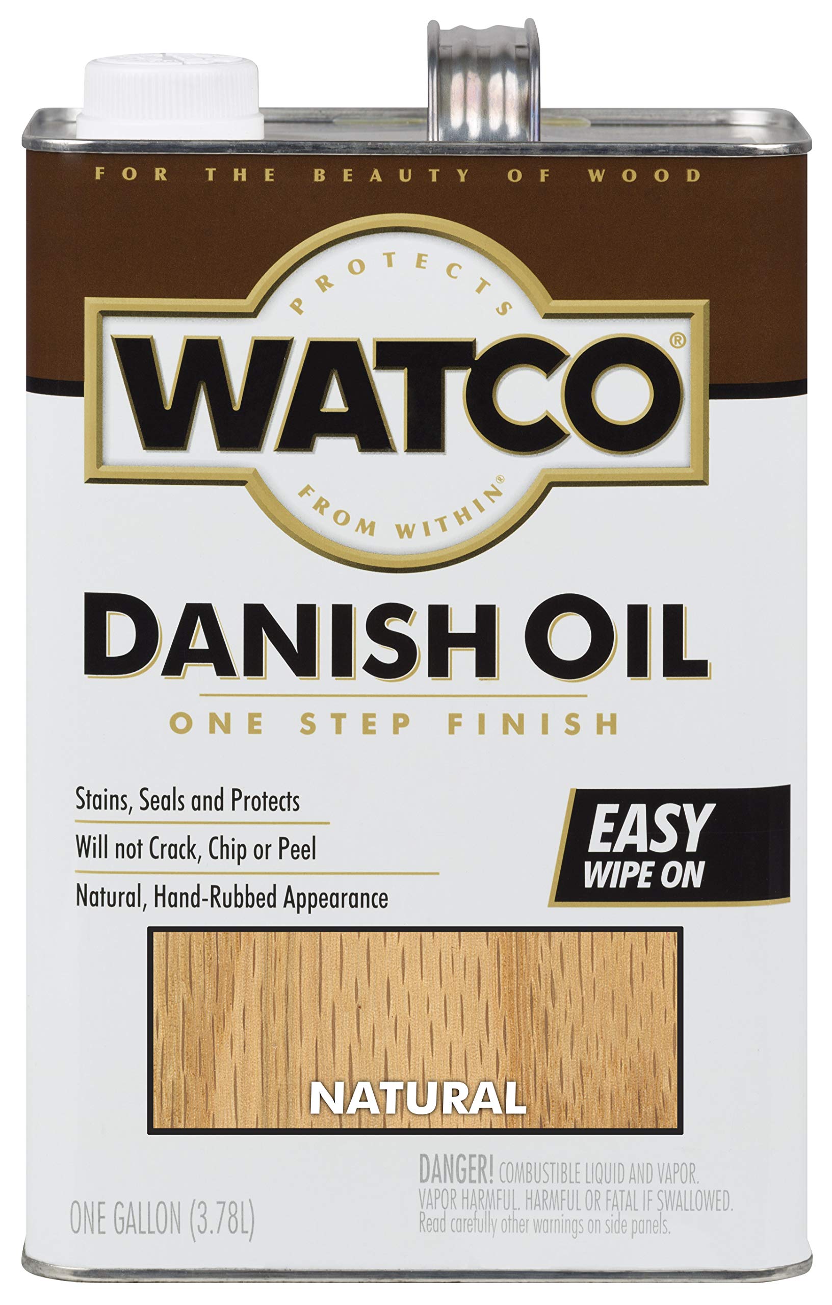 Watco Natural Danish Oil finish delivers a warm, hand-rubbed glow on wood