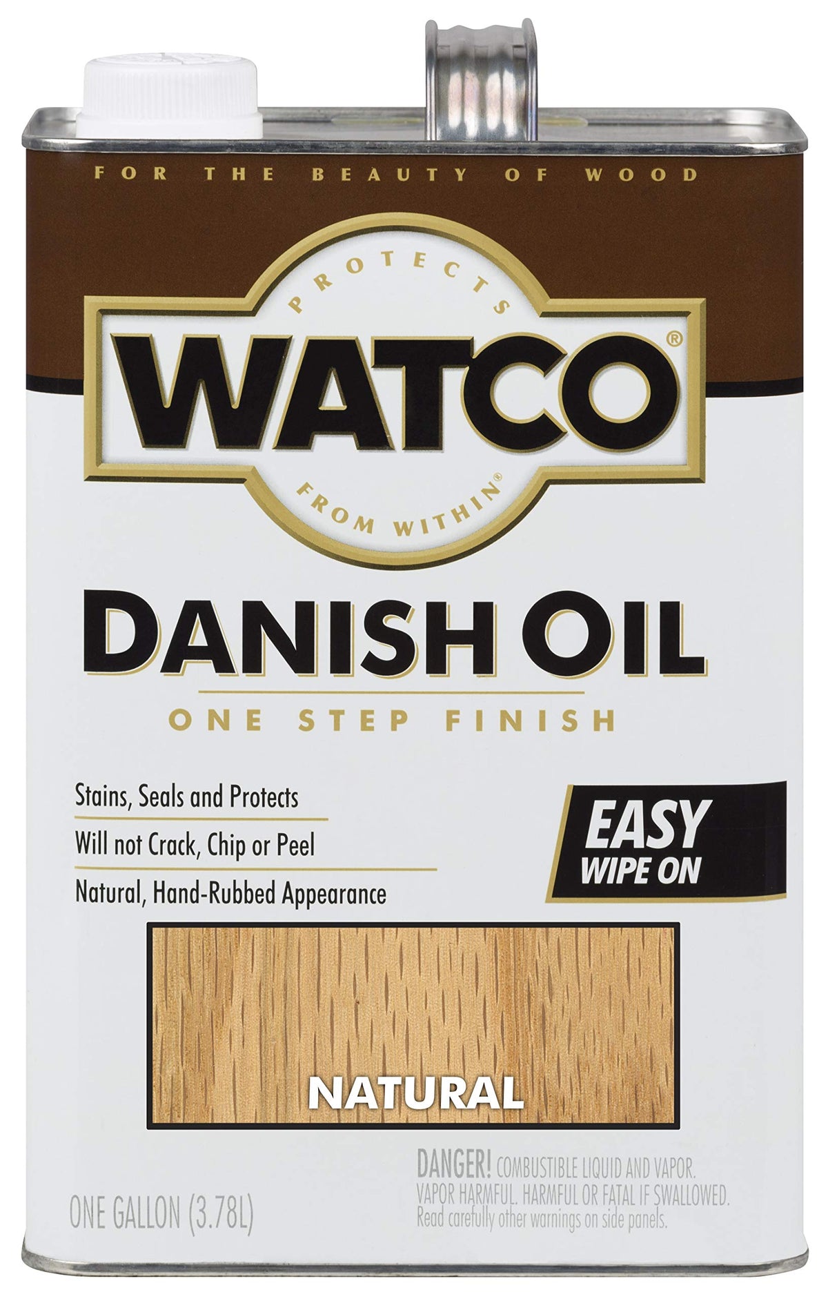 Watco Natural Danish Oil finish delivers a warm, hand-rubbed glow on wood