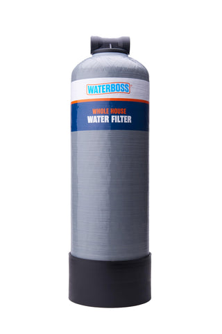 Water Boss whole-house filter front view showing compact design for installation.