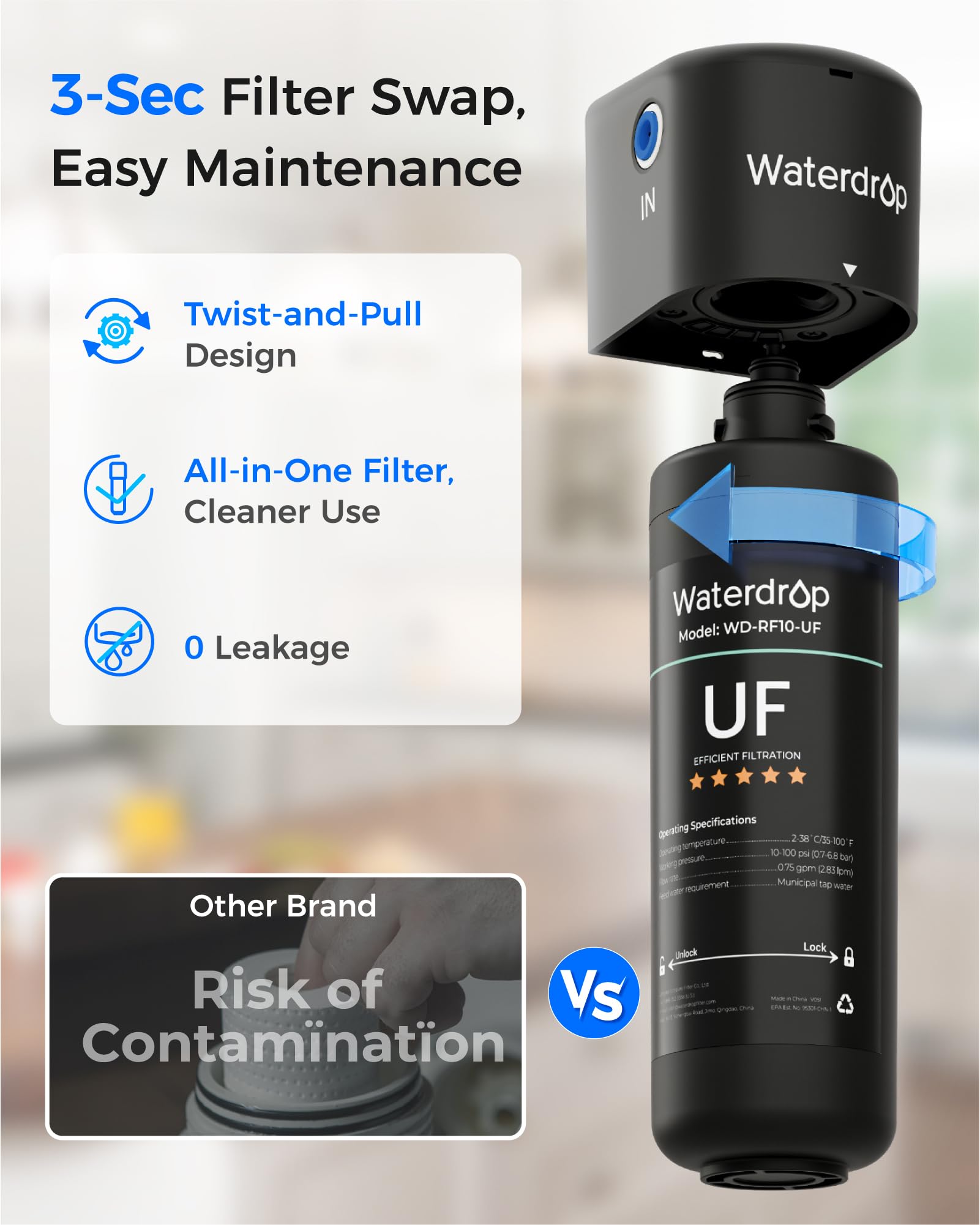 Waterdrop 1-year service life label indicating long-lasting filtration