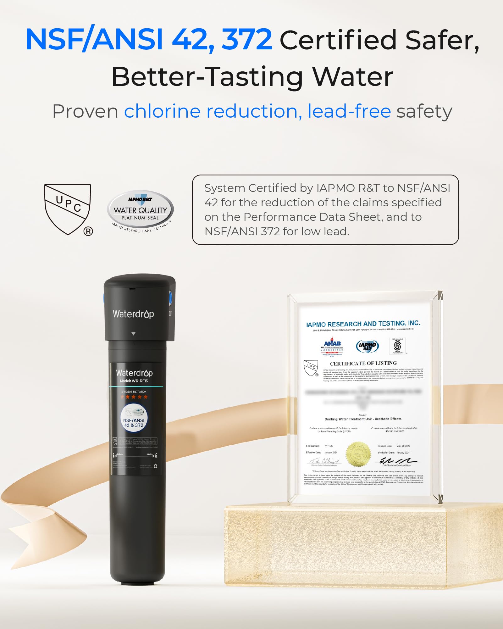 Waterdrop 15UA IAPMO certification badge confirms safety and compliance