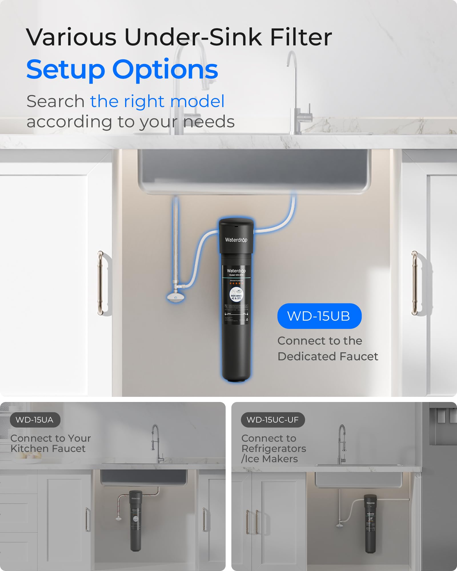 Waterdrop 15UB compact design fits neatly beneath the sink