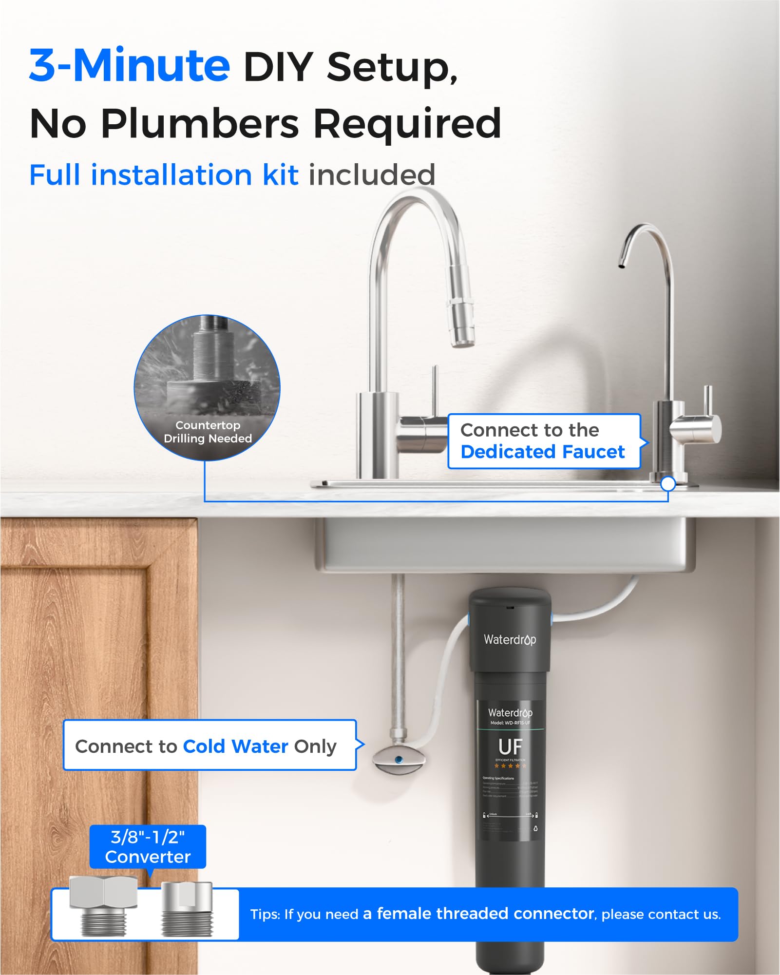 Waterdrop easy-install fittings enable tool-free setup in minutes